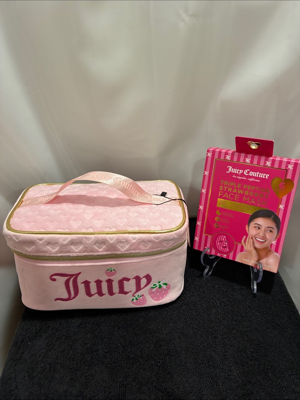 Juicy Couture Pink Cosmetic Case w/ Strawberry Motif & Face Mask Bundle !!! NWT